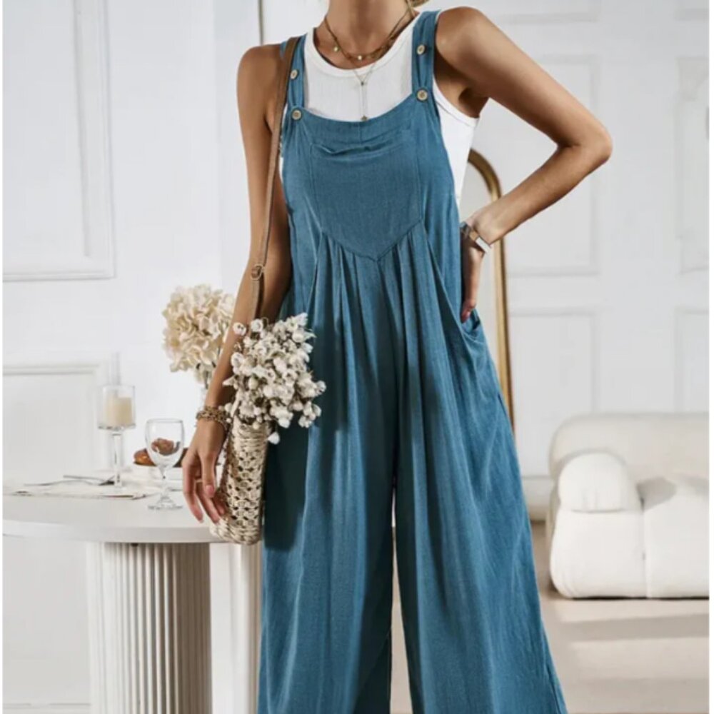 BUTTON DETAIL WIDE LEG OVERALL JUMPSUIT, Viscose/Linen Size Small